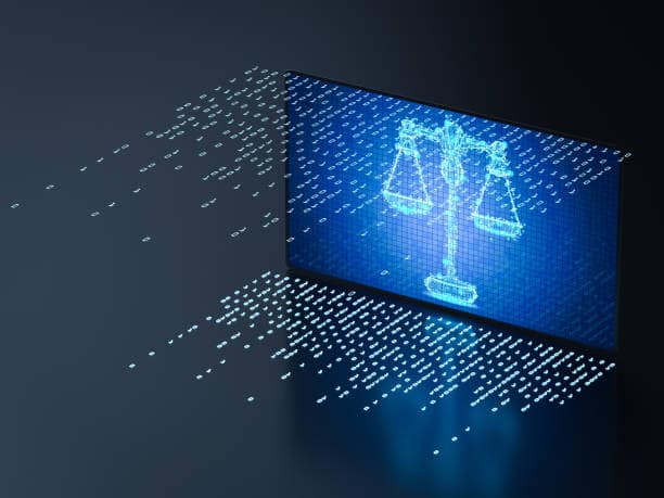 Cyber law concept with 3d rendering digital screen display scale law